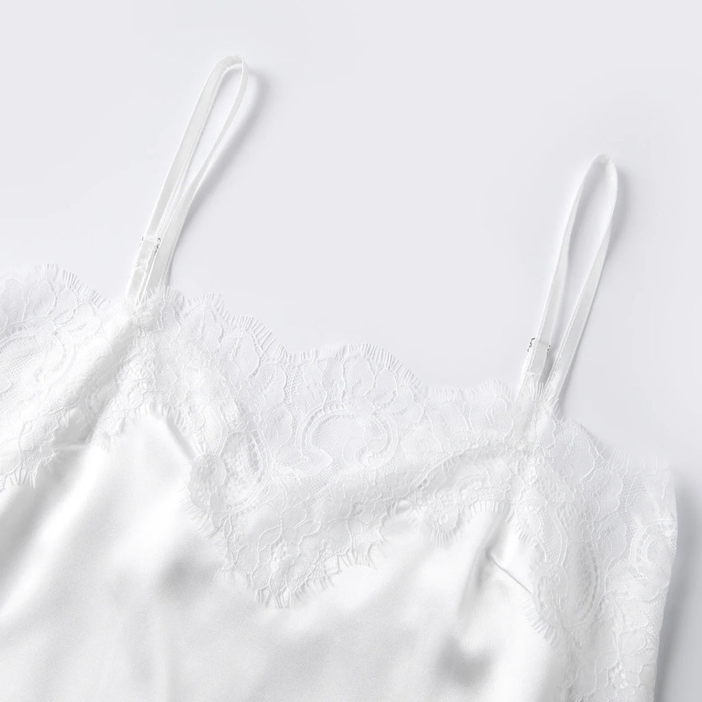 Women Summer Sleepwear White Satin Pajama Sets Lace Spaghetti Straps Cami with Pants Two Piece Sets