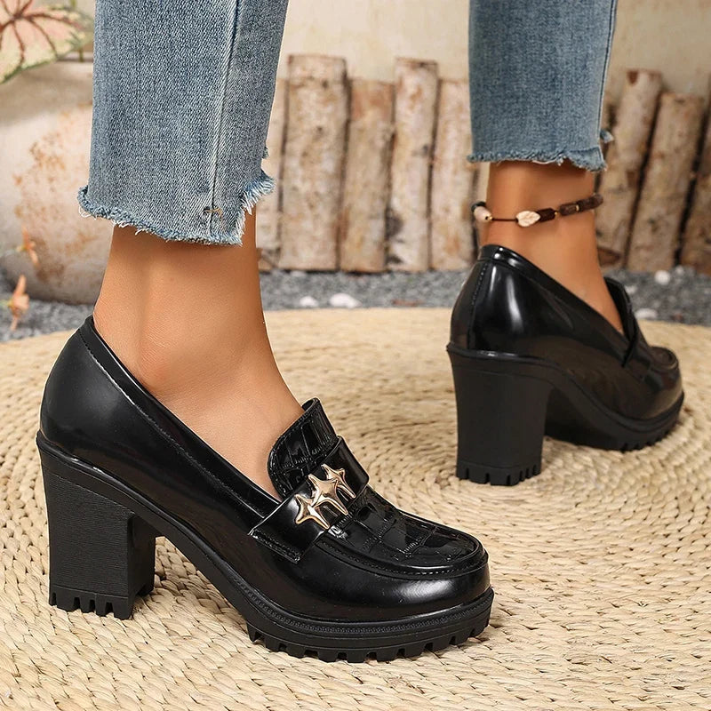 British Style Chunky High Heel Pumps Women 2026 Plus Size 42 Thick Heeled Loafers Woman Slip On Office Pu Leather Shoes Ladies