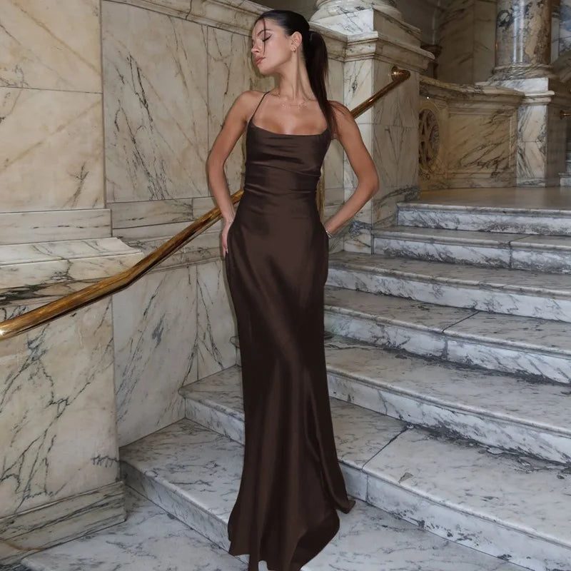 FDYOUI Women's Bandage Long Maxi Satin Dress Black 2026 Sexy Spaghetti Strap Slash Neck Backless Lace-up Party Evening Dresses