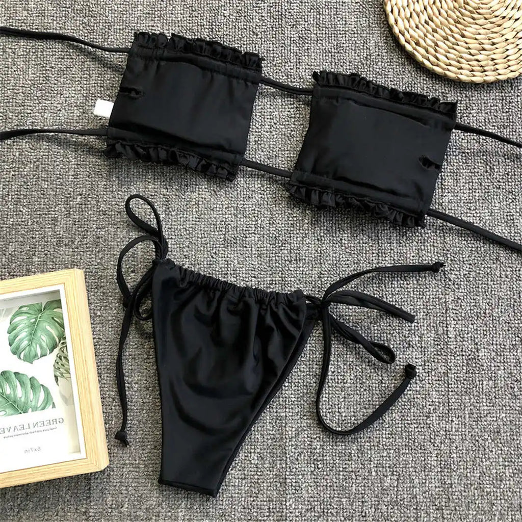 Sexy Pink Bandeau Frilled Bikini Swimsuit Female Swimwear Women Two-Pieces Bikini Set Bather Padded Bathing Suit Swim V1242B