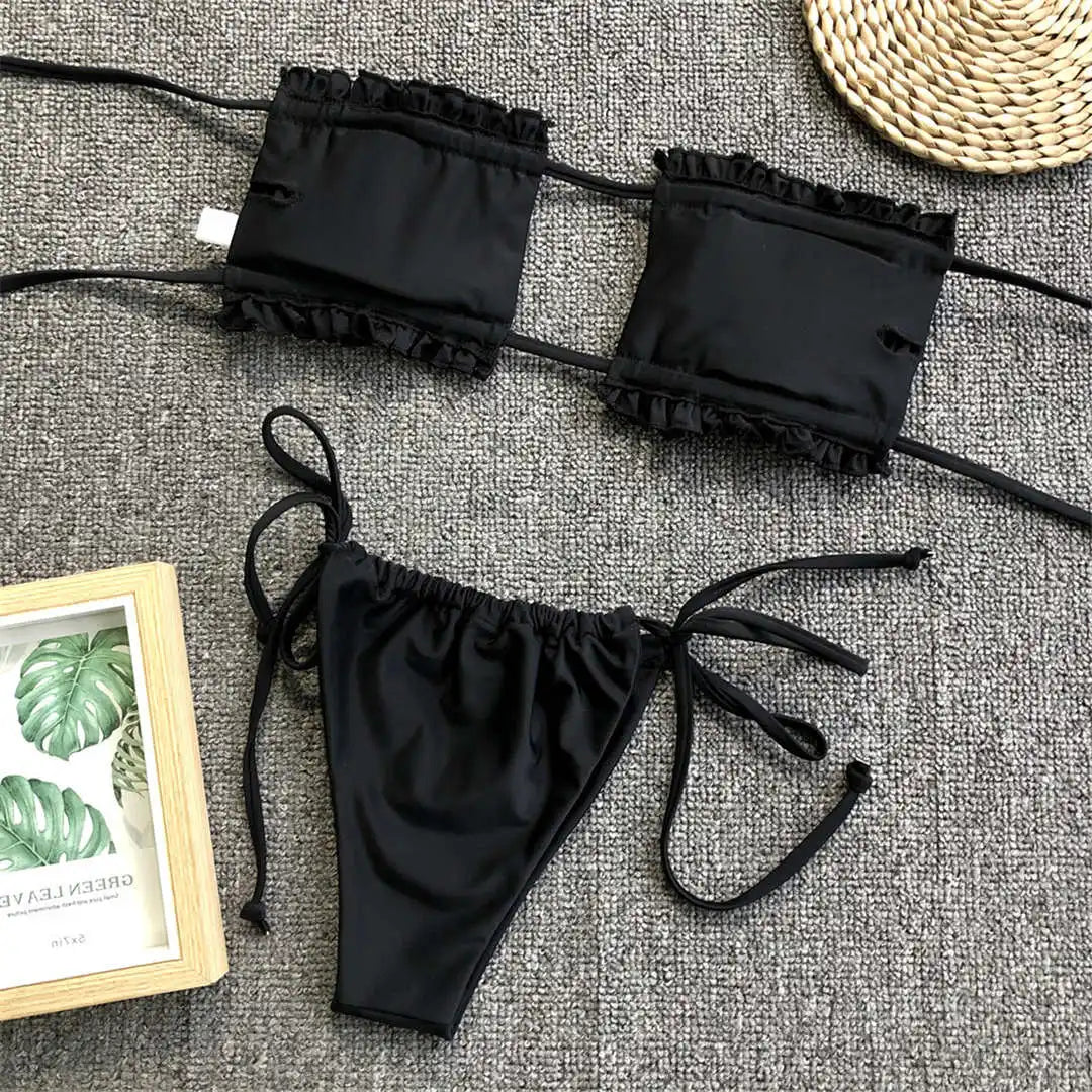 Sexy Pink Bandeau Frilled Bikini Swimsuit Female Swimwear Women Two-Pieces Bikini Set Bather Padded Bathing Suit Swim V1242B