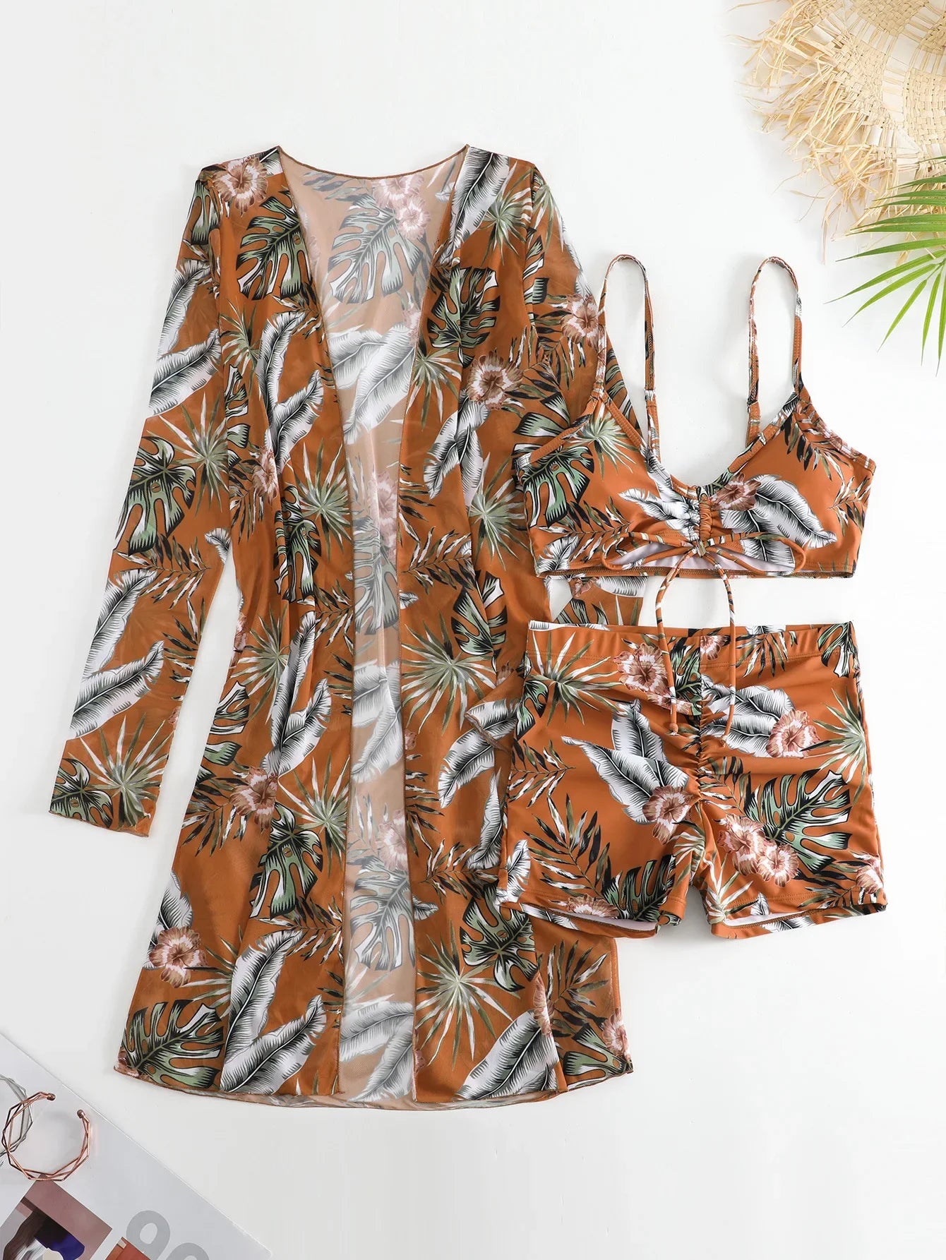New Sexy 3 Pieces Suit for Women Neck Hanging Bikini Set+Cover-up Swimwear Sunproof Tankini High Waist Shorts Swimsuit Beachwear