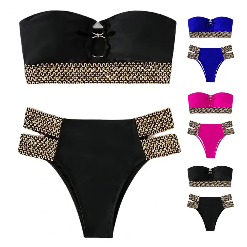 2Pcs/Set Women Bikini Set Ring Connection Off Shoulder Bathing Suit Elastic Waistband Backless High Cut Lady Beach Bikini Suit