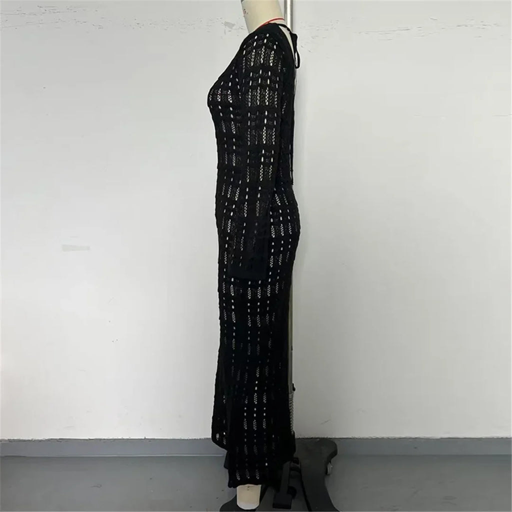 2025 Hollow Out Long Sleeve Backless Knitted Tunic Beach Cover Up Cover-ups Beach Dress Beach Wear Beachwear Female Women K6597
