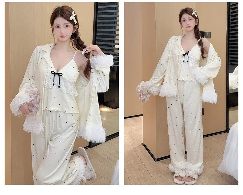 Fashionable Home Pajamas Three-piece Set Island Velvet Pajamas Spring and Autumn Suspenders Sexy Homewear Casual Suit