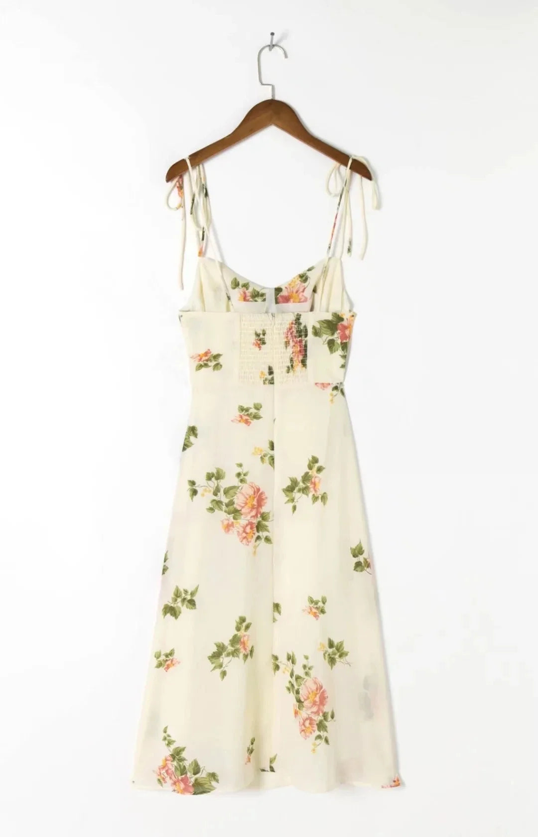 Spaghetti Strap Lace Up Beige Chiffon Summer Dress Sexy Slip Midi Sleeveless Dress Robe Big Flower Print Women Beach Dress Boho