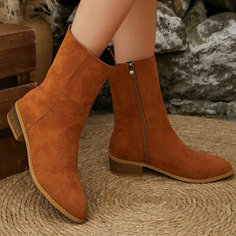 Elegant Square Heel Boots for Women Comfort Pointed Toe Mid Heel Ankle Boots Woman 2025 Plus Size Faux Suede Booties Female