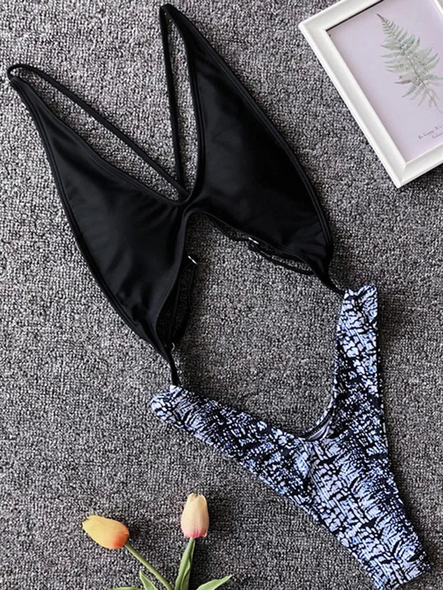 Snake Skin Tummy Cut Out Mini Mirco Thong One Piece Swimsuit Women Swimwear Female Monokini Backless Bathing Suit Swim Beachwear