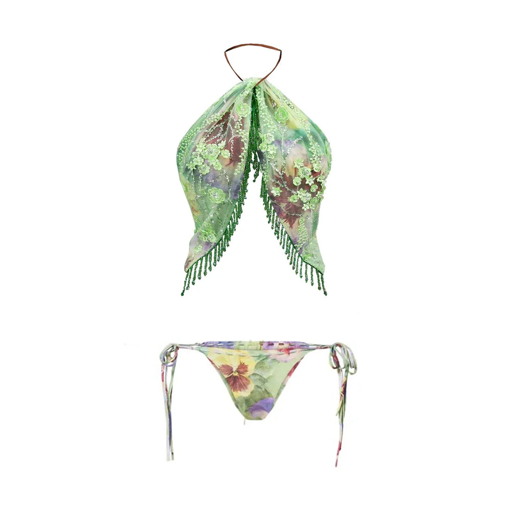 3Pcs Floral Bikini With Diamond Skirt Women Sexy Swimsuit Push Up Swimwear 2025 Bandeau Biquini Female Bathing Suit Beach Outfit