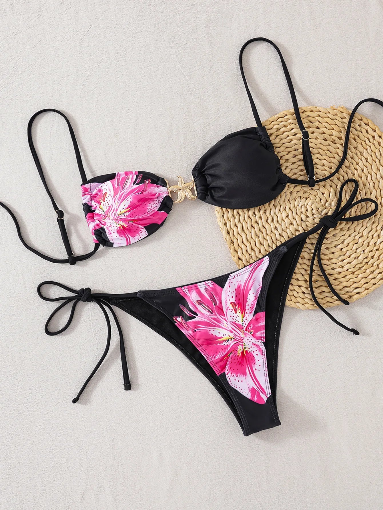 New Sexy Women's Bikini Set - Adjustable Tie Side Bandage Triangle Top & Low Rise Bottom with Starfish Metal Drawstring Summer
