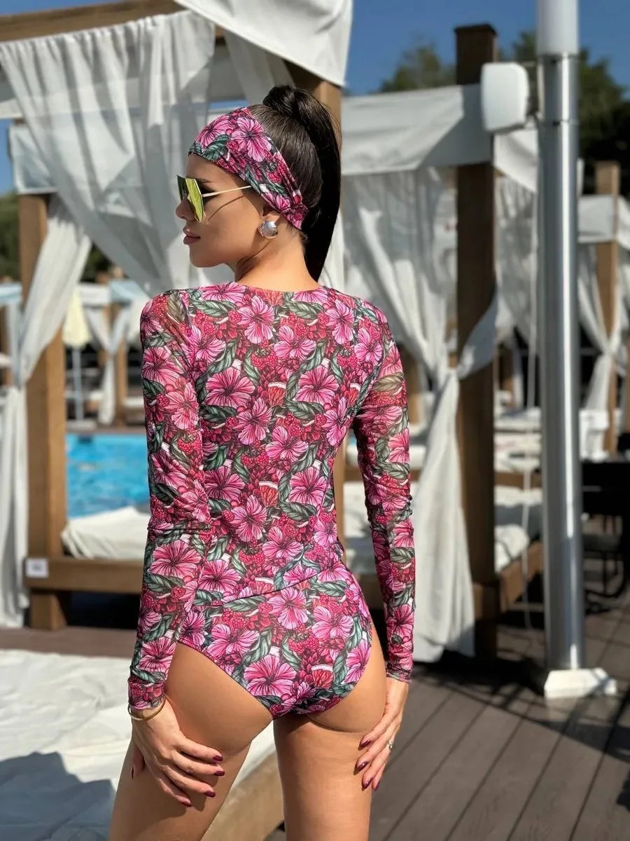2026 Women's Retro Print Scoop Neck Padded Long Sleeve One Piece Swimsuits High Cut Bathing Suits Swimwear Bodysuit Купальник