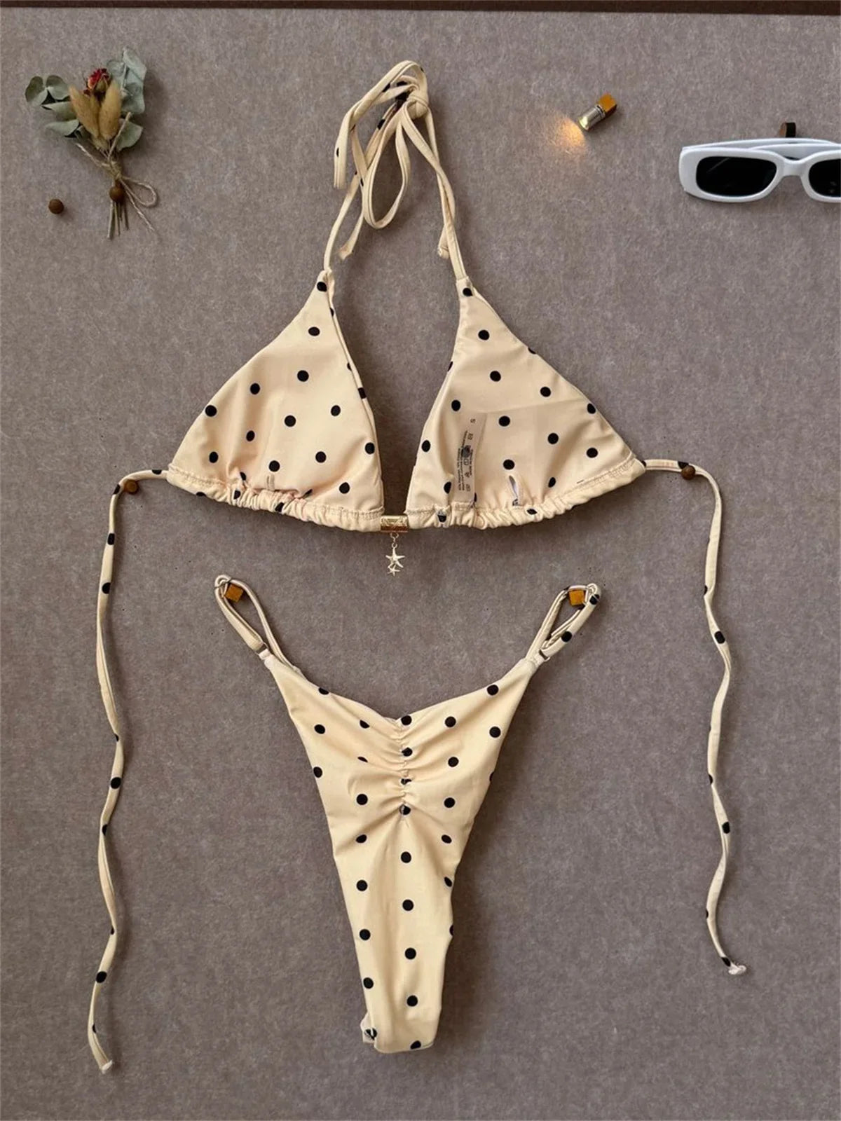 Sexy Black Polka Dot Print Bikini Set Women Pearls Push Up Bra Thong Swimwear 2026 Summer Bathing Suit Holiday Micro Swimsuit