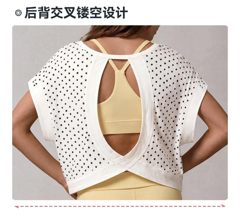Summer Back Hollow Out Yoga T Shirts Women Polka Dot Print Short Sleeve Loose Sports Cover Up Breathable Training Fitness Tops
