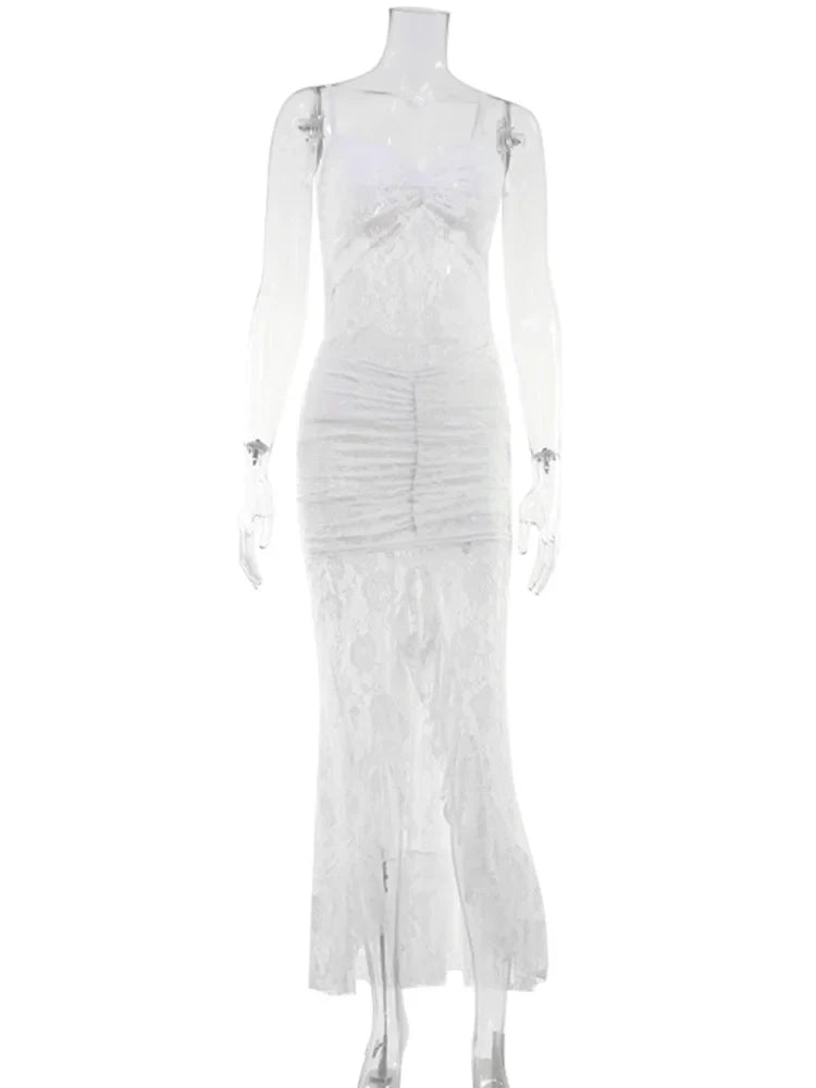 Ahagaga Elegant Lace Women Maxi Dresses Strapless Sheer Sexy Folds Solid Asymmetrical V-Neck Vestidos Robe Sheath Slim Fit Party