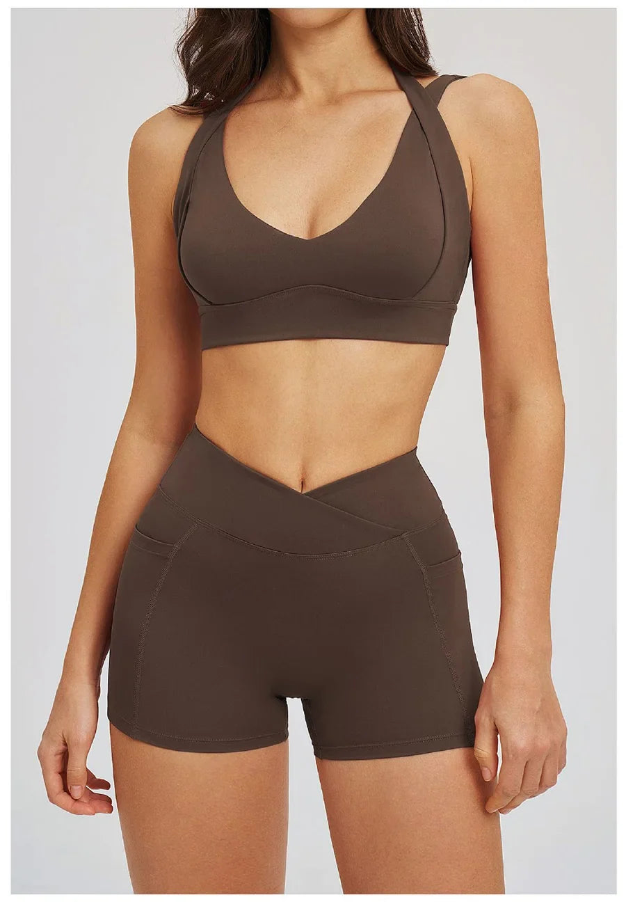 Women' Sports High Waist Shorts Set Fitness Cycling Elastic Sports Pants Yoga Bra Set Gym Sportswear Workout Set Athletic