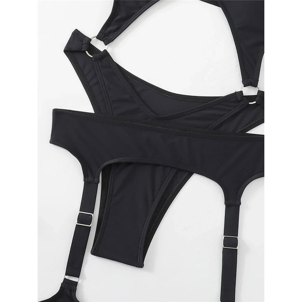 Sexy Tummy Cut Out Halter With Garter One Piece Swimsuit Women Swimwear Female High Leg Cut Bather Bathing Suit Swim Lady V4415