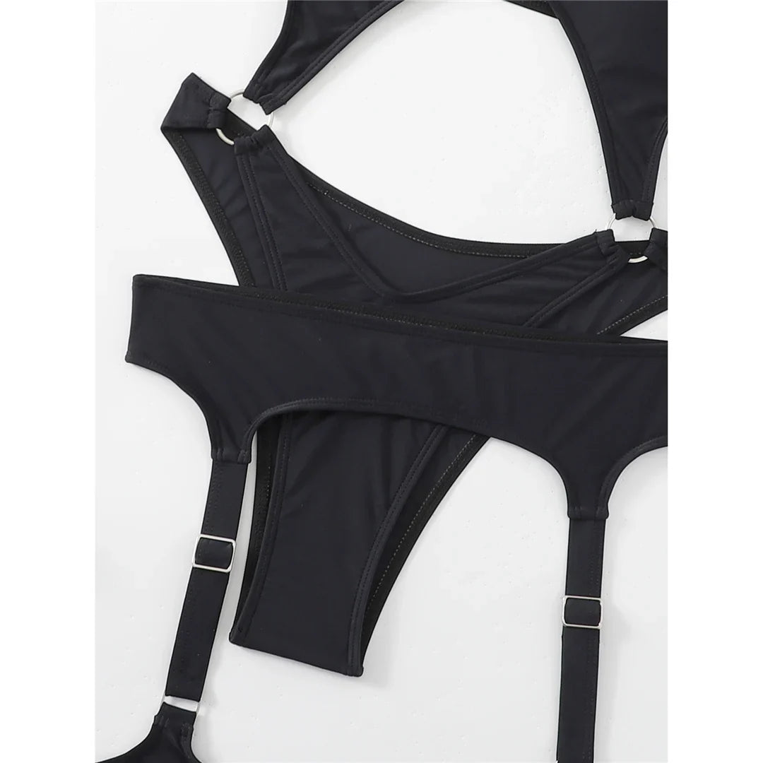 Sexy Tummy Cut Out Halter With Garter One Piece Swimsuit Women Swimwear Female High Leg Cut Bather Bathing Suit Swim Lady V4415