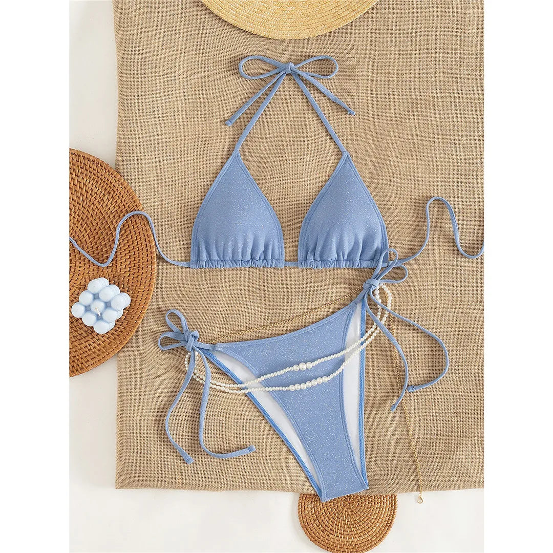2026 Glitter Sparkling Pearls Halter Bikini Women Swimwear Female Swimsuit Two-Pieces Bikini Set Bather Bathing Suit Swim V8342