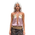 Women Gold Embellished Sheer Chiffon Open Front Camisole Summer Boho Sequin Halter Neck Crop Top for Party Festival