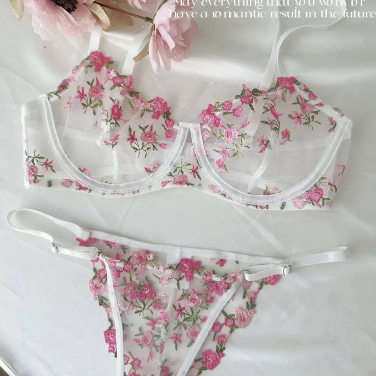 French Floral Bra Set Women | Sweet Sexy Sheer Mesh Lace, Transparent Underwear Set | Practical & Feminine MOYISU Sexy Panty Set