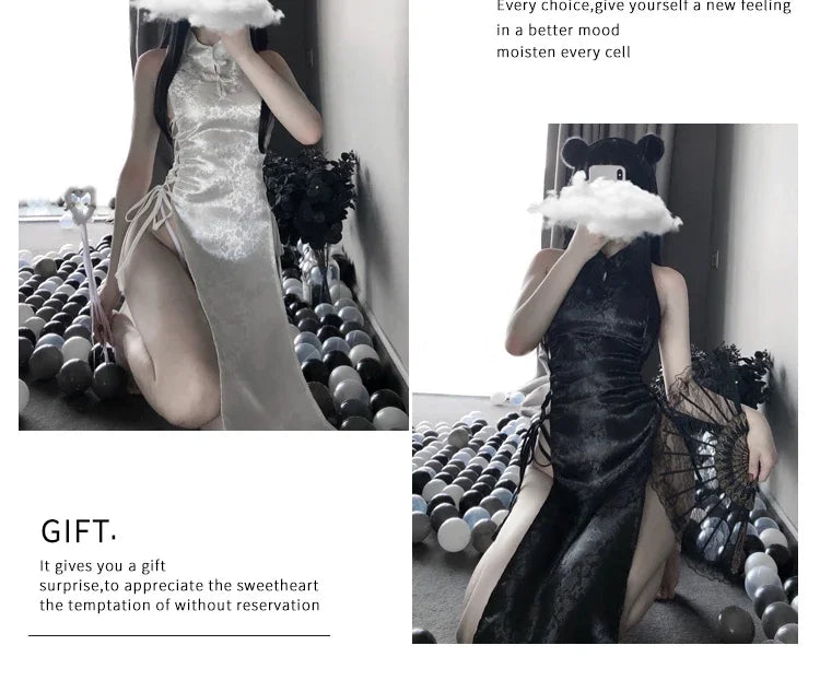 Women Sexy Chinese Traditional Cheongsam Qipao Dress Lingerie High Split Bandage Mini Uniform Dresses Costumes