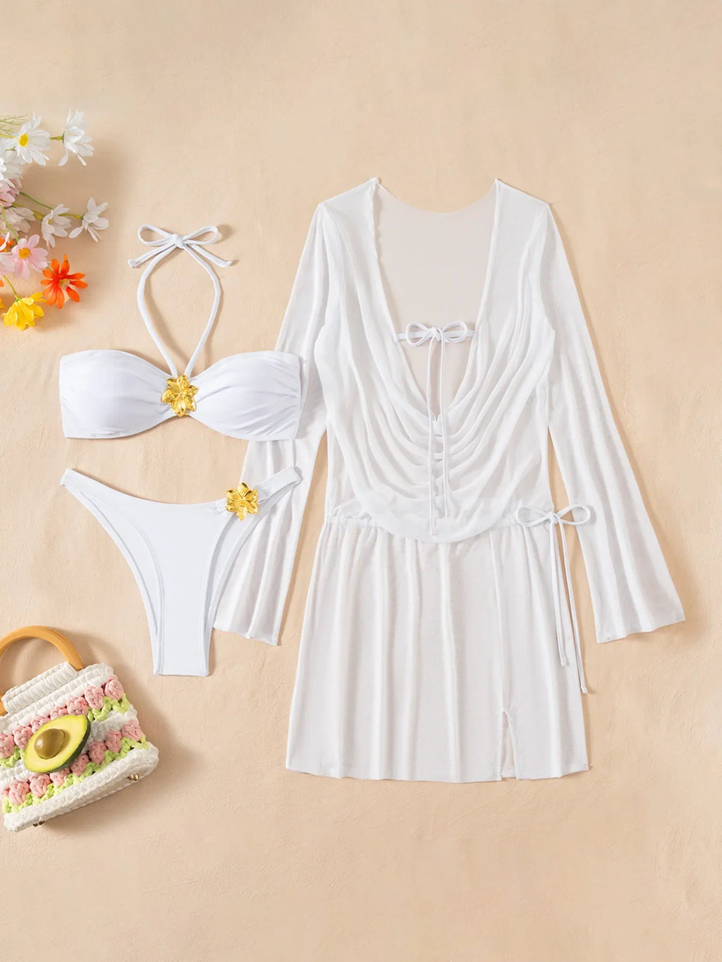 sexy white bandeau metal flower bikinis sets 3pcs with mesh long sleeve wrinkled tie mini dress swimsuit bathing suit biquini
