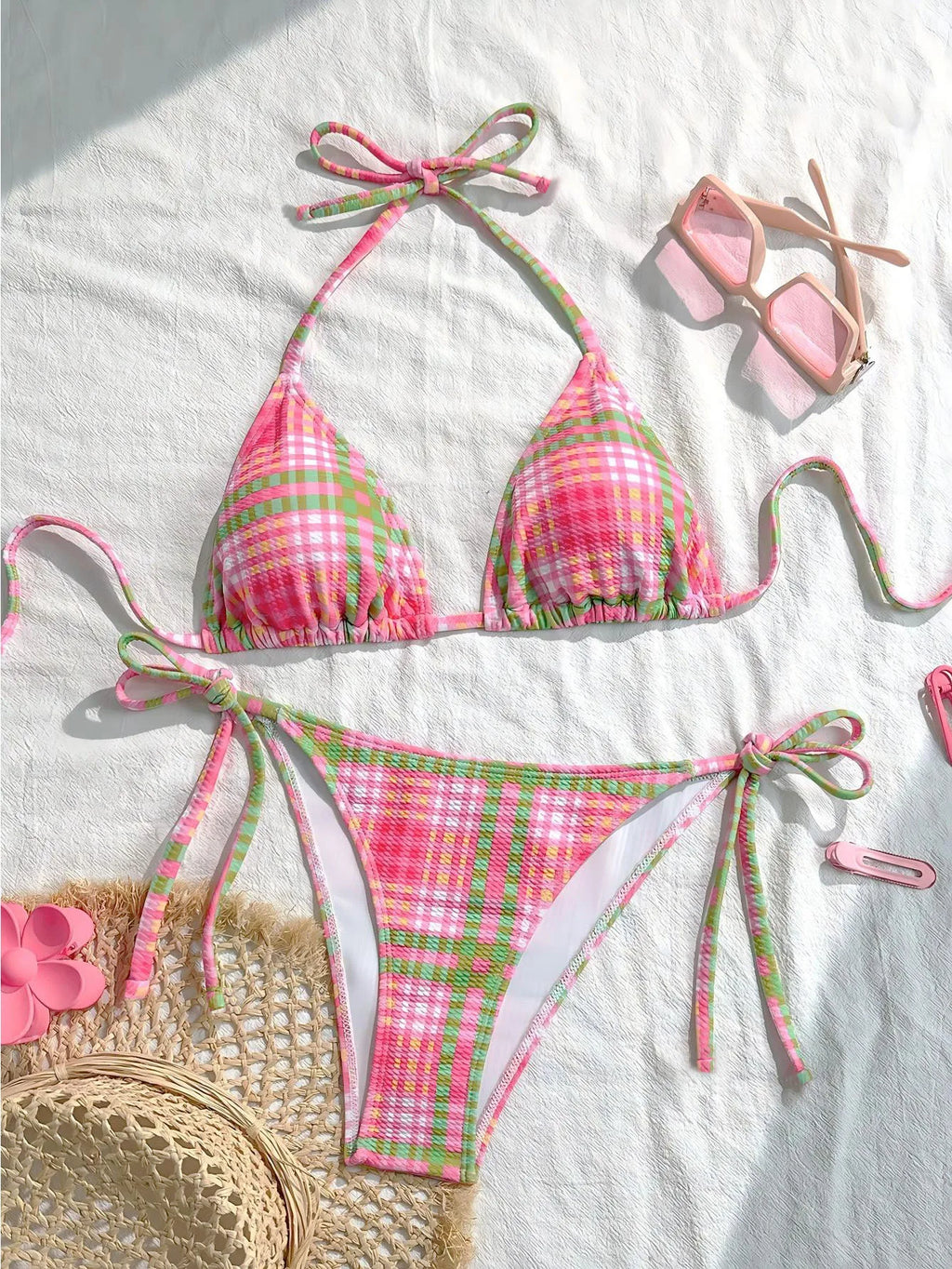 Sexy Pink Striped Micro Bikini 2026 Women Halter Push Up Bra Tie Side Thong Swimwear Bathing Suit Vacation Swimsuit Biquini