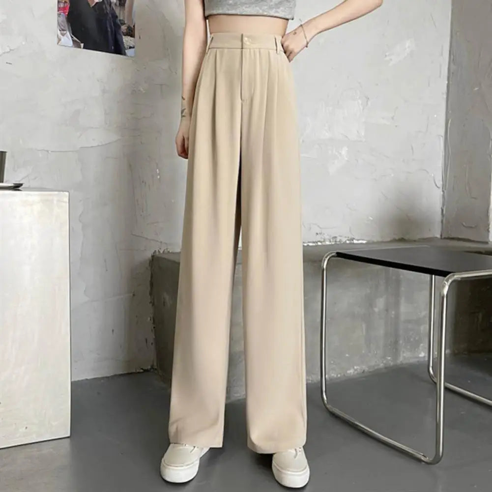 Women High Waist Straight Wide Leg Pants Solid Color Suit Pants Elastic Slant Pockets Loose Office Trousers