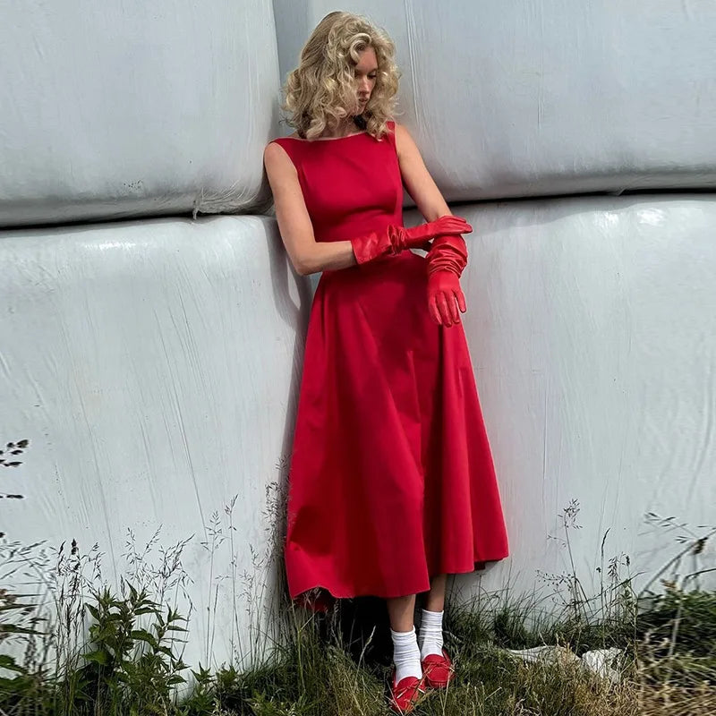 Chic Elegant O-neck Sleeveless Backless A-line Long Dresses Red Black 2026 Summer High Waist Tunics Zip-up Party Evening Dress