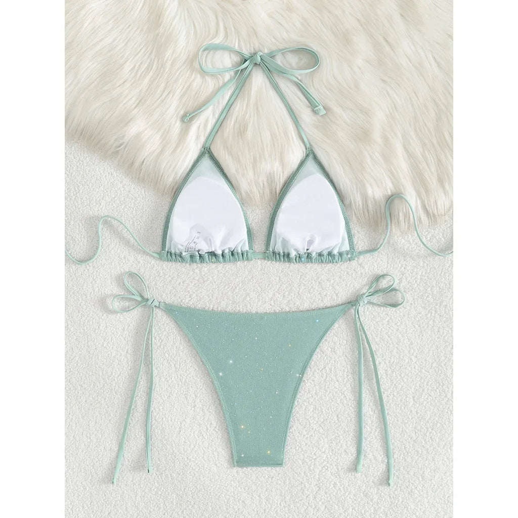 Glitter Sparkling Halter High Leg Cut Bikini Female Swimsuit Women Swimwear Two-pieces Bikini set Bather Bathing Suit Swim V5501