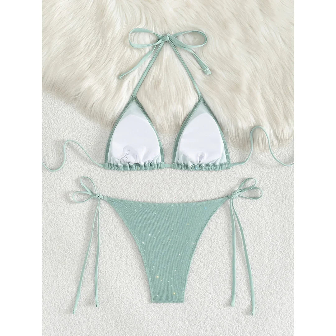 Glitter Sparkling Halter High Leg Cut Bikini Female Swimsuit Women Swimwear Two-pieces Bikini set Bather Bathing Suit Swim V5501