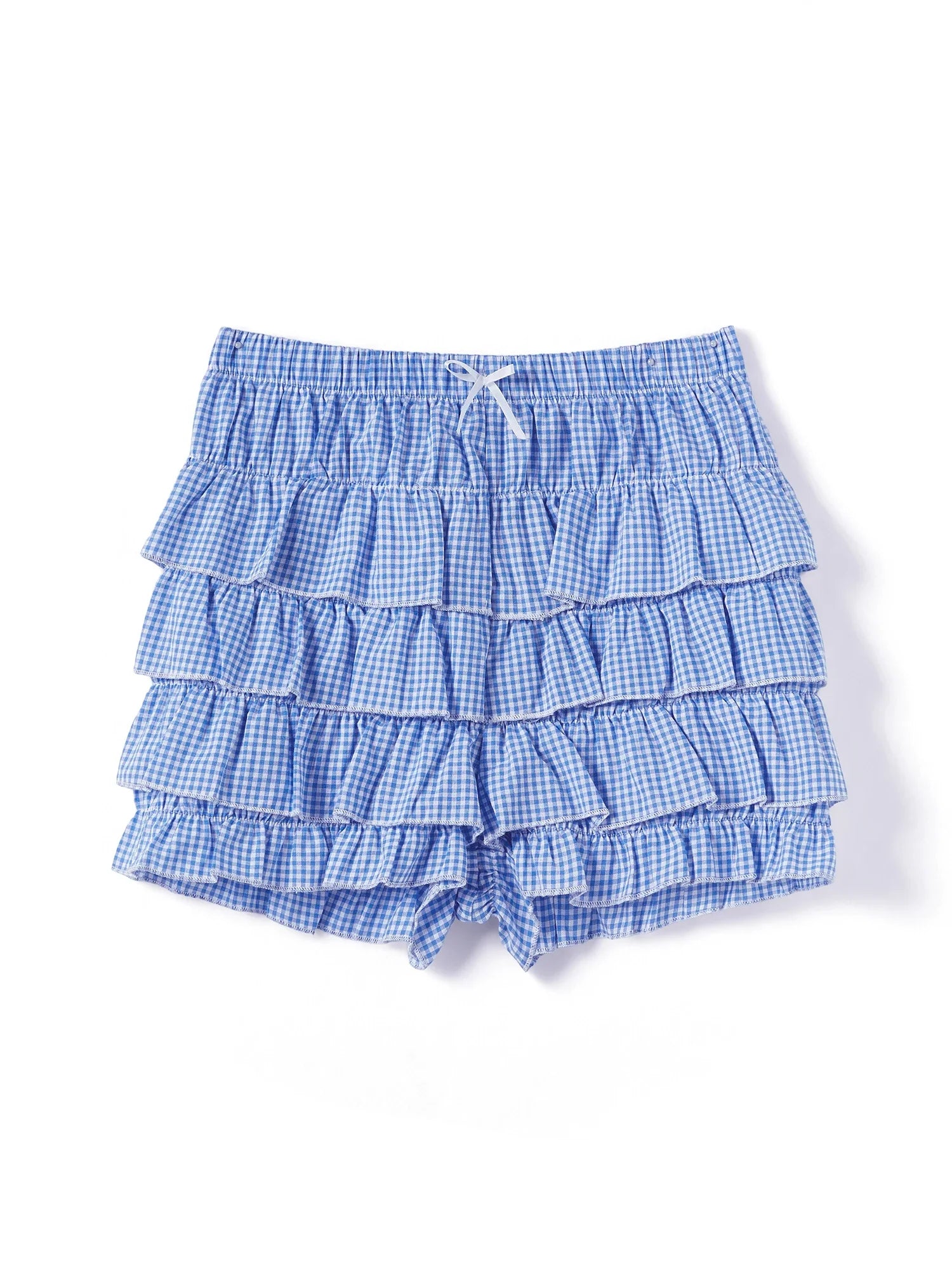 Women’s Layered Ruffle Bloomer Shorts Elastic Waist Little Bow Front Plaid Print Shorts Summer Bottoms