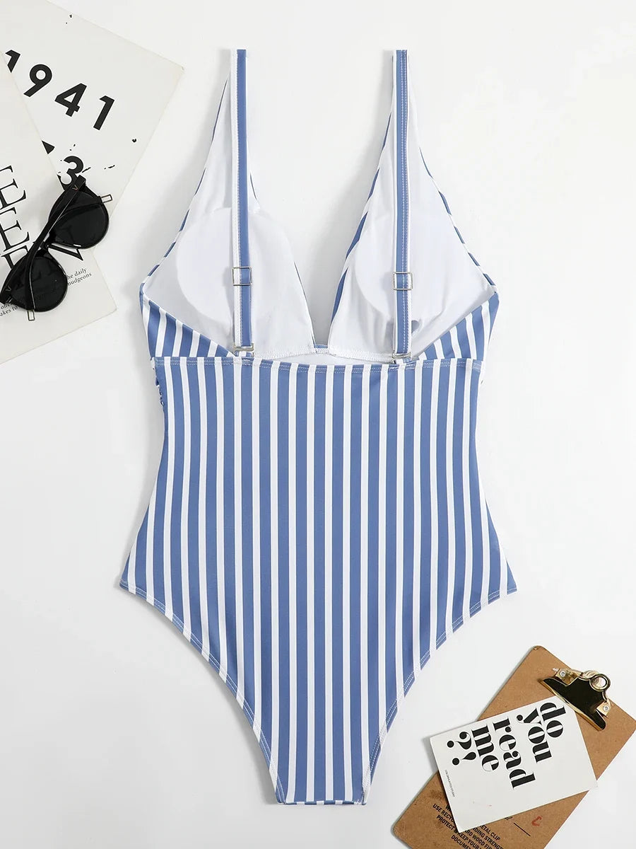 2026 Striped One Piece Swimsuit Vintage Swimwear Women V-neck Bathing Swimming Suit Female Summer Beachwear Bodysuit
