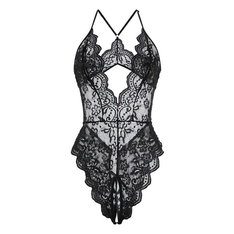 Women Sexy Lace Teddy Lingerie Deep V Mesh Sheer Bodysuit Backless Crotchless One Piece Babydoll Nightwear
