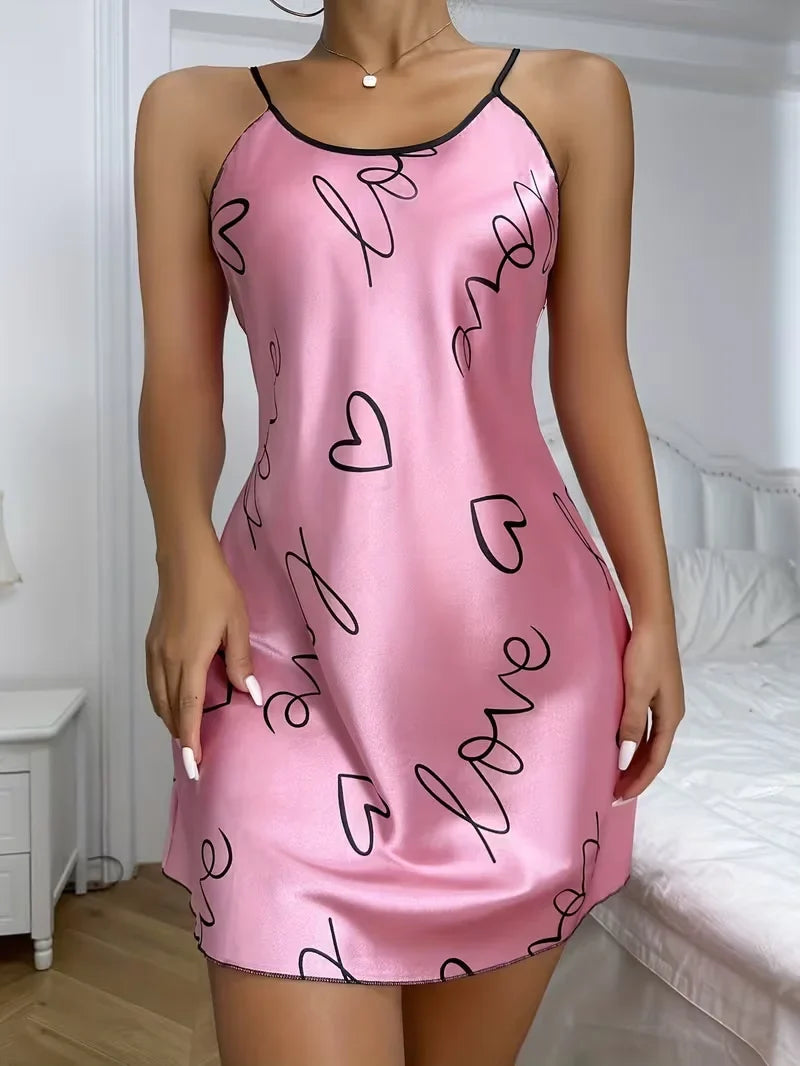 Valentine's Day Heart Printed Silk Satin Nightgowns for Women Sleepwear Sexy Nightdress Backless Nighties Lounge Wear