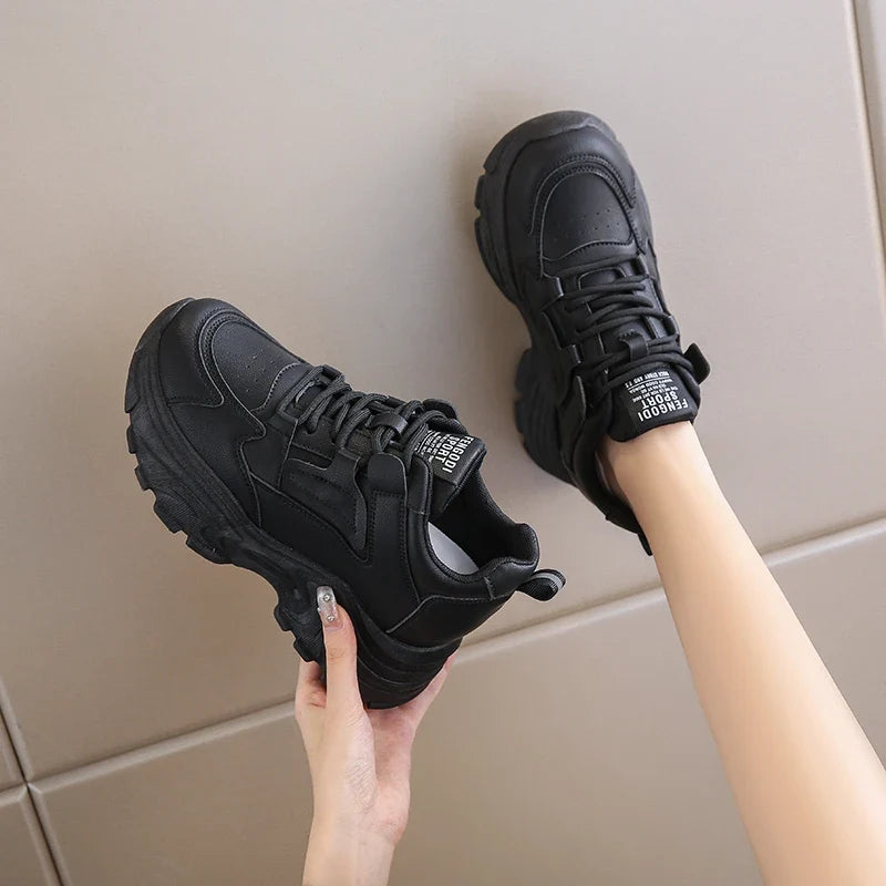 White Platform Women's Sneakers 2025 Autumn Lace-Up Thick Bottom Sports Shoes Woman Pu Leather Breathable Walking Shoes Female