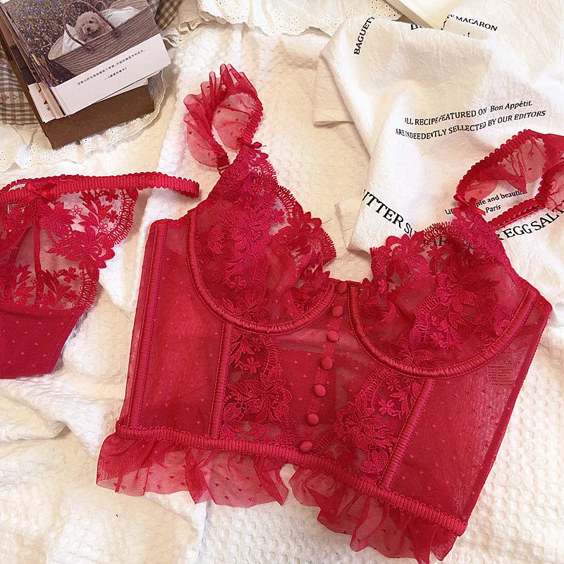 Sexy French Lace Bra and Thong Set Ultra Thin See Through Shaping Underwear Women's Embroidery Lace Camisole Lingerie Set MOYISU