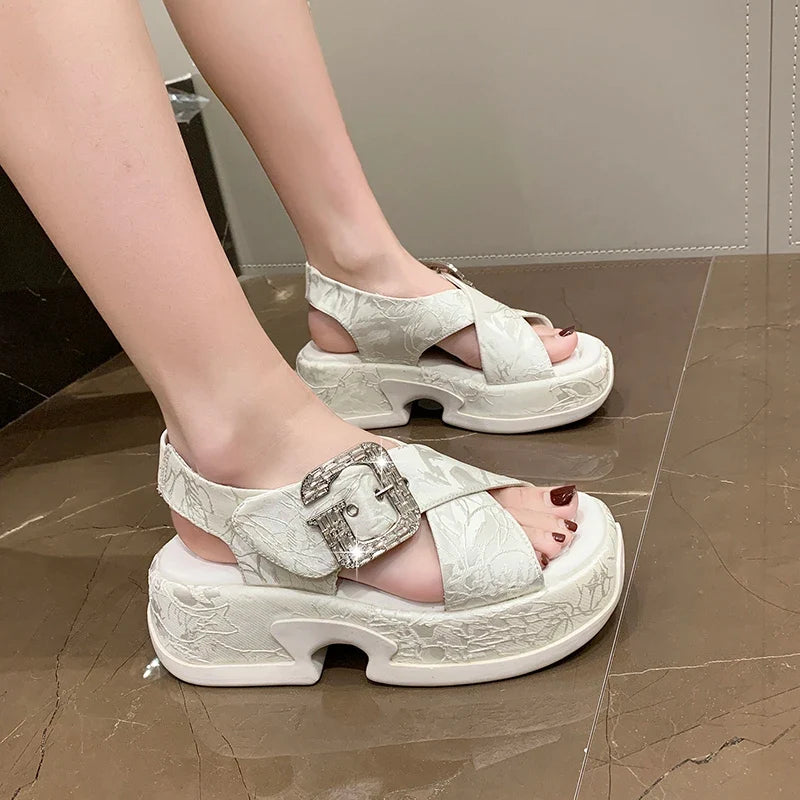 Fashion Crystal Buckle Platform Sandals Women Pink Embroidery Thick Heels Sandalias Mujer Comfortable Heightened Rome Sandals