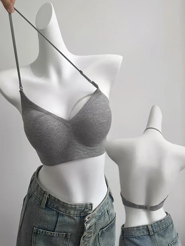 Japan Style Seamless V-Neck Halter Bra Small Bust Petite Straps Open Back Sexy Underwear Women One Piece Comfort Fit Daily Wear