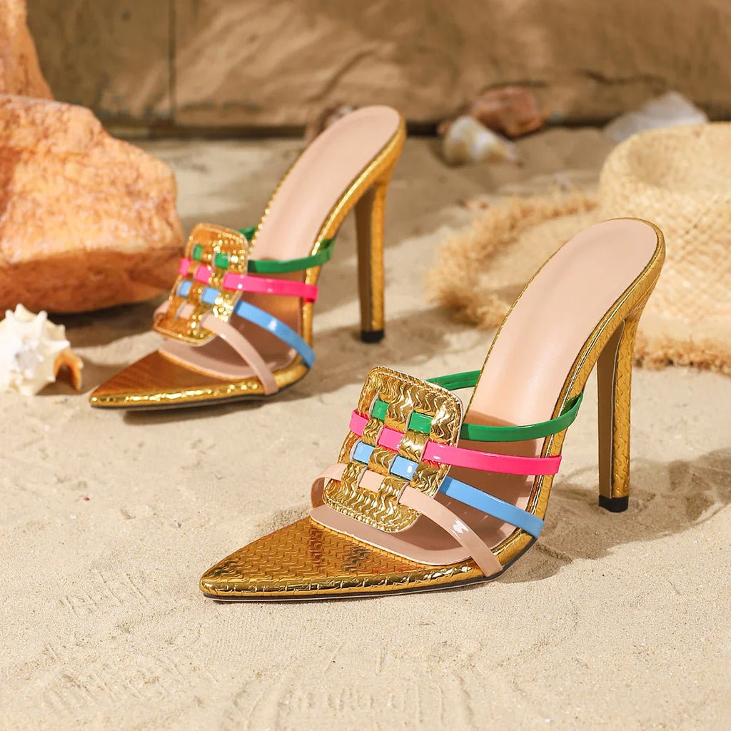 New Style Pointed-toe, Slender and High-heeled Sandals - Show-stopping Multi-color Woven Platform Women's Shoes