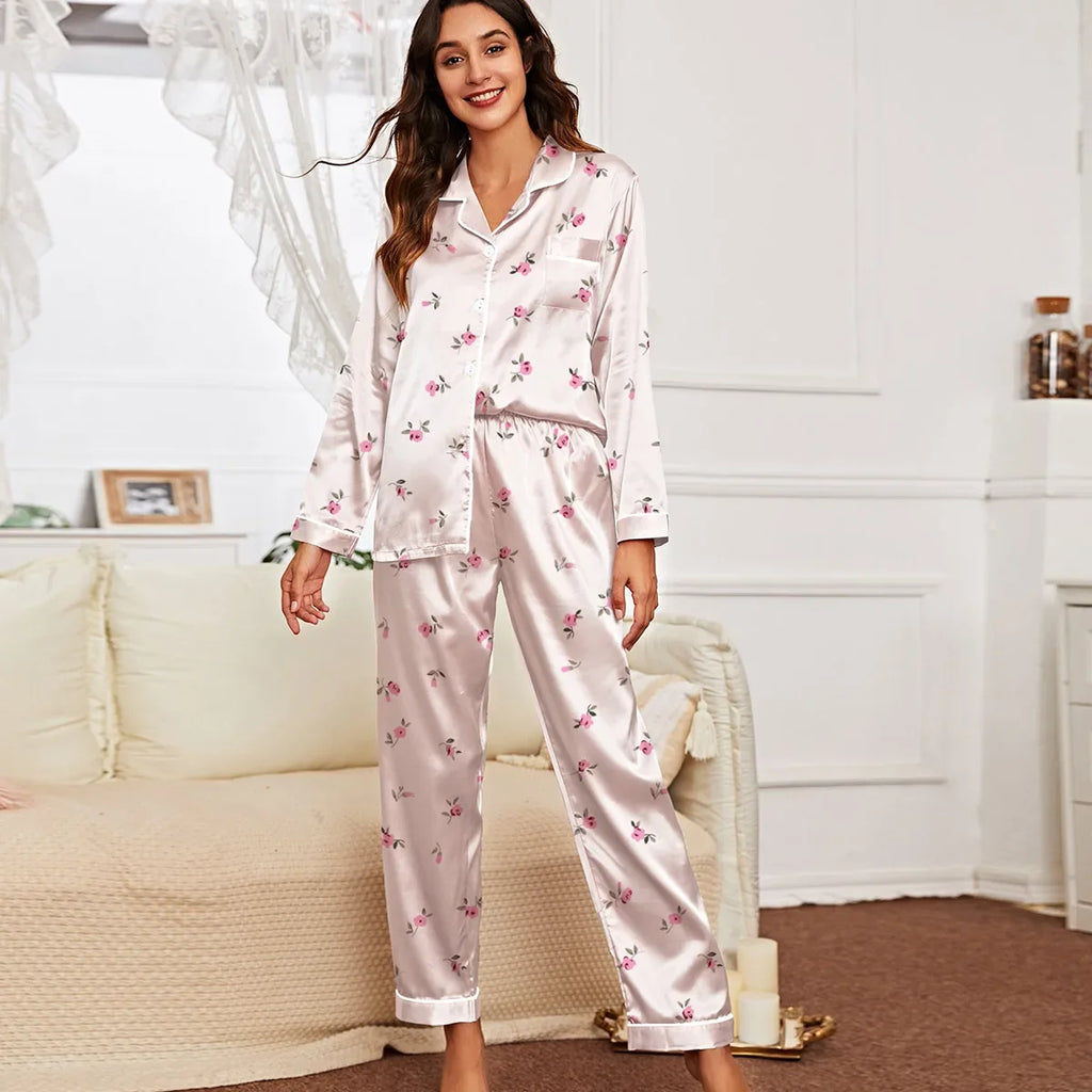 Spring and autumn long-sleeved trousers cardigan home wear set imitation silk women's pajamas can be worn outside