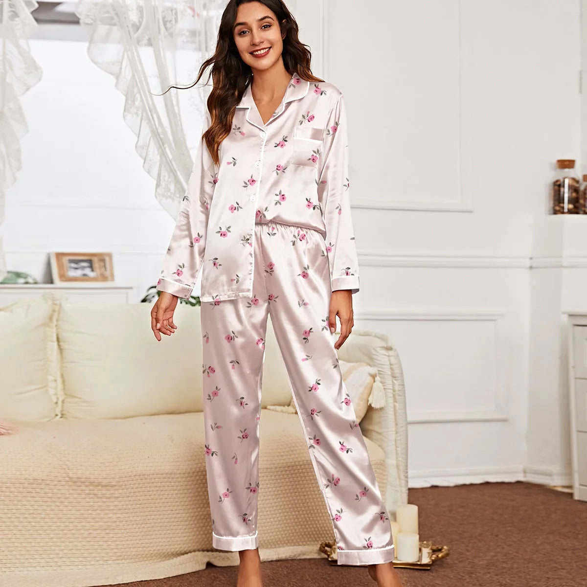 Spring and autumn long-sleeved trousers cardigan home wear set imitation silk women's pajamas can be worn outside