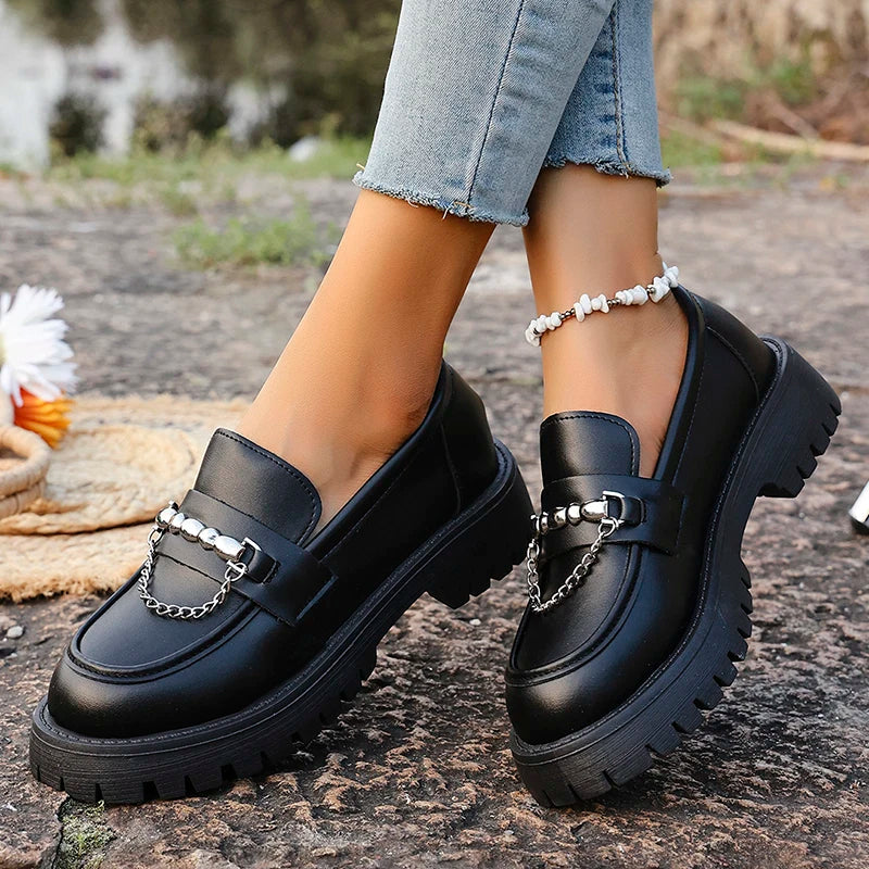 2025 Fashion Metal Chain Platform Loafers Women Thick Bottom Pu Leather Shoes Woman Slip On Black Student Shoes Plus Size 35-43