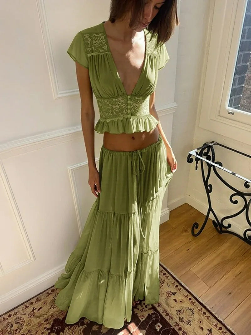 FDYOUI Sexy V-neck Lace Patchwork T-shirt Tops+Long Skirt 2 Piece Set Women's Summer Green Holiday Party Dress Suit Streetwear
