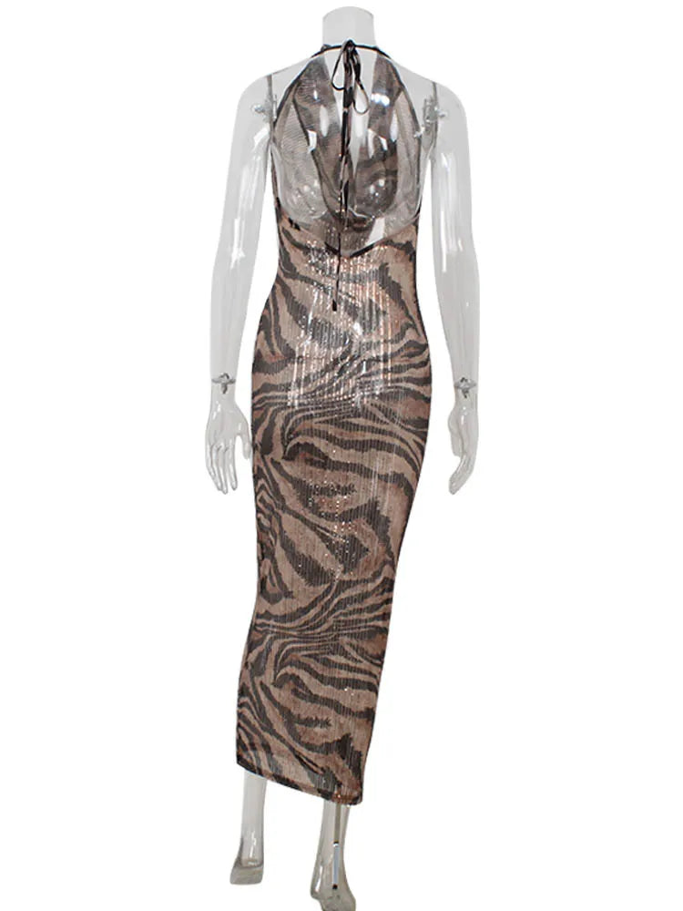 Ahagaga Fashion Leopard Sequins Women's Party Dresses Sexy Deep V-Neck Sleeveless Slim Fit Bodycon Maxi Elegant Vestidos Robes