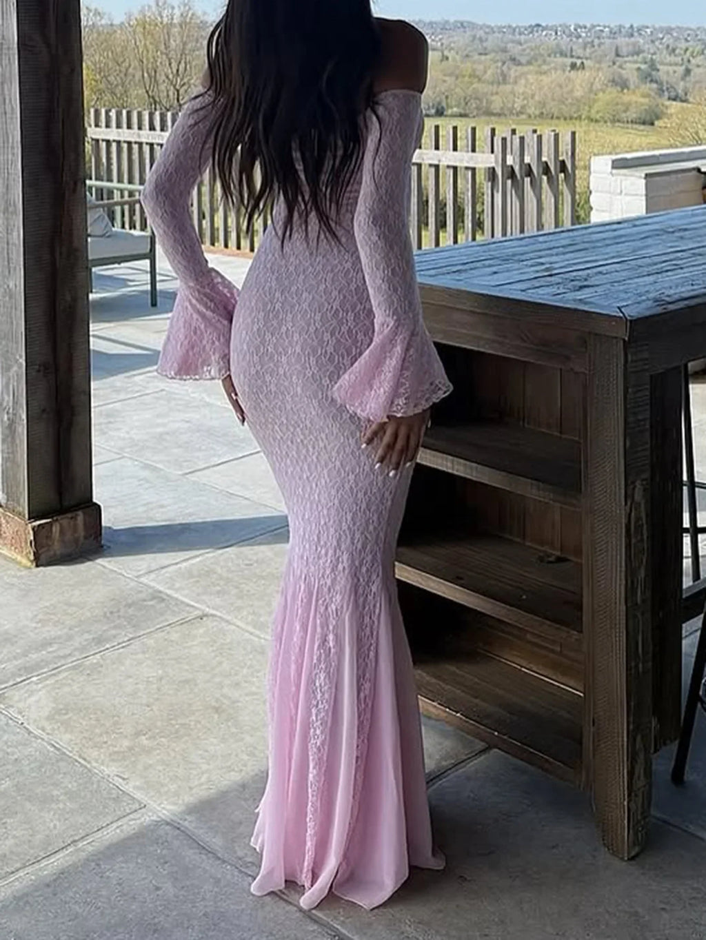 Elegant French Style Pink Long Dress Women Lace Long Sleeved Dress Evening Gown Party Wedding Dress up Lady Spring Summer Outfit