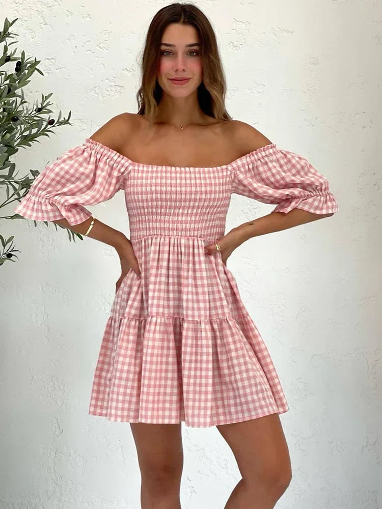 Foridol Square Collar Gingham Printed Women Casual Summer Short Dress Puff Sleeve A-line Pink Cute Fashion Outfit Vestidos