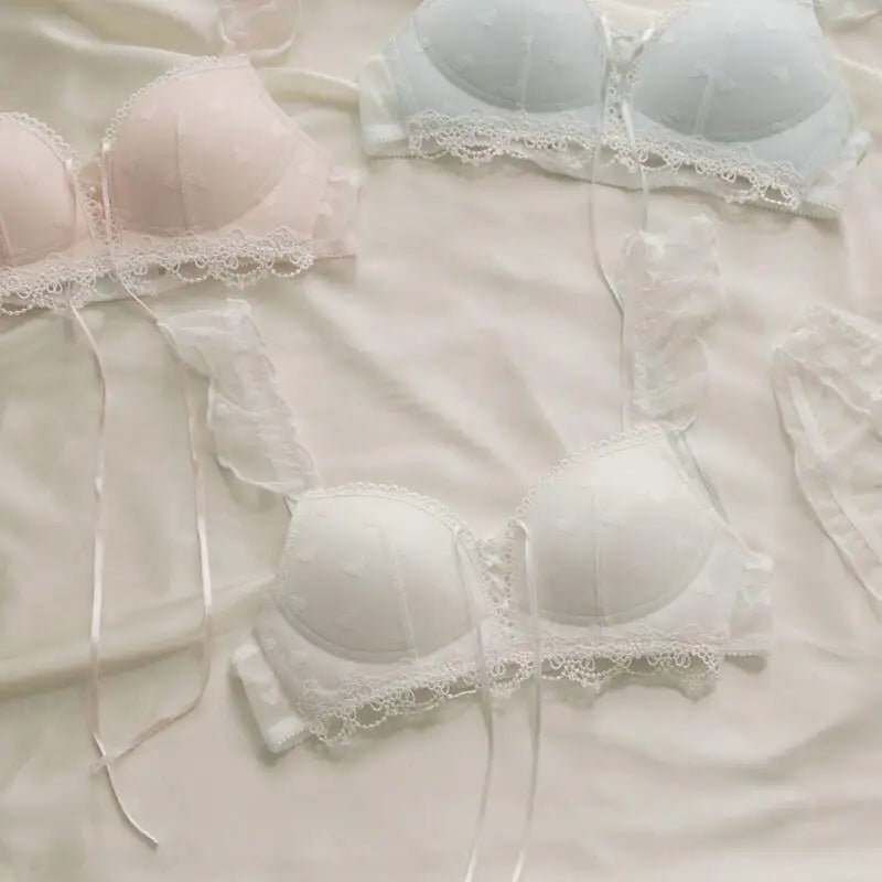 Japanese Kawaii Heart Print Lingerie, Sweet Wireless Bralette Set for Small Breasts, Comfortable Anti-Sagging Everyday Bra Set