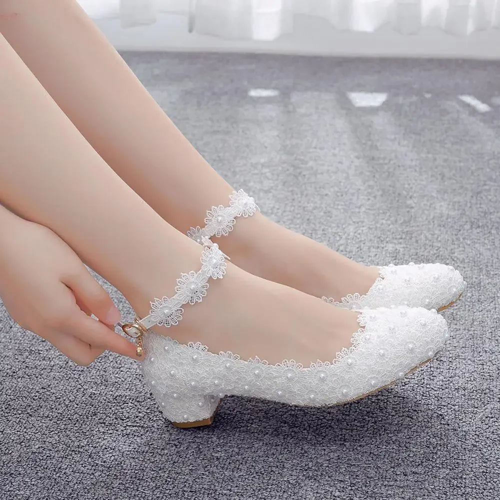 Women 3CM High Heels White Lace Pearl Wedding Shoes Sexy Bride Party  Pointed Toe Shallow Mouth Pumps Shoe Bridesmaid  Pink