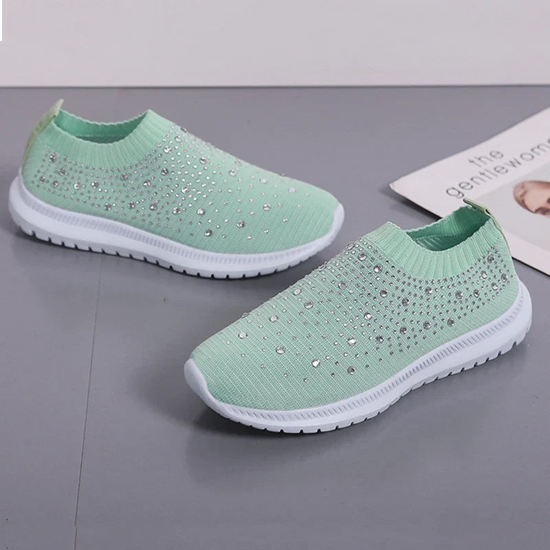 Women's Slip-On Crystal Sneakers 2025 Breathable Mesh Plus Size 35-43 Casual Flats Women Comfort Soft Sole Running Walking Shoes